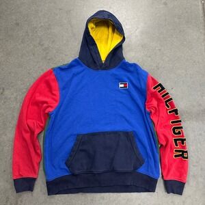Tommy Hilfiger Colorblock Hoodie Mens XL Spellout Logo Blue Red Green Sweatshirt